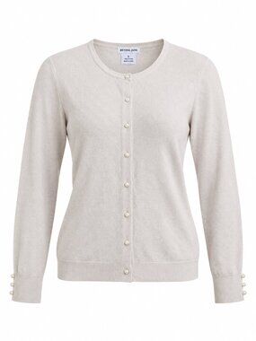 Beige Long Sleeve Cardigan with Faux Pearl Buttons